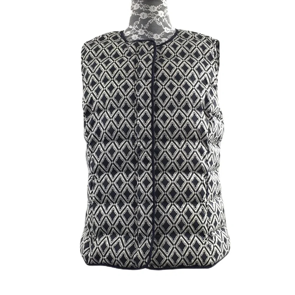 3/$20 Talbots Navy Diamond Print Zip Up Down Vest Jacket Womens Medium Quilted
